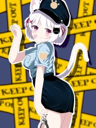 Rule 34 | 1girl, animal ear fluff, animal ears, ashitaba kemo, bandaid, bandaid on cheek, bandaid on face, black hat, black skirt, blue shirt, blurry, blurry background, blush, breasts, cat ears, cat girl, cat hair ornament, cat tail, caution tape, closed mouth, collared shirt, commentary request, cuffs, depth of field, from side, hair ornament, hair ribbon, hairclip, hand up, handcuffs, hat, highres, holding, keep out, looking at viewer, looking to the side, medium breasts, original, outline, paw pose, peaked cap, police, police hat, police uniform, policewoman, purple eyes, red ribbon, ribbon, shirt, skirt, smile, solo, tail, uniform, white hair, white outline, x hair ornament