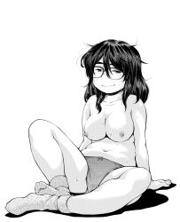 Rule 34 | 1girl, belly, blush, breasts, full body, glasses, greyscale, hair between eyes, jimiko, looking at viewer, medium breasts, messy hair, monochrome, naughty face, nipples, original, panties, plump, ryoumoto hatsumi, simple background, sitting, smile, socks, solo, sweat, thick eyebrows, topless, underwear, white background