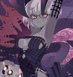 Rule 34 | 1girl, armpits, arms up, bare shoulders, black dress, breasts, choker, cleavage, collarbone, colored skin, detached sleeves, dress, fate/grand order, fate (series), glasses, grey hair, grey skin, horns, jacques de molay (foreigner) (fate), jacques de molay (foreigner) (third ascension) (fate), large breasts, looking at viewer, moruka (karupattyo03), short dress, short hair, skull, solo, yellow eyes