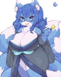 Rule 34 | 1girl, animal ear fluff, animal ears, animal hands, bare shoulders, blue eyes, blue hair, blue skin, breasts, cleavage, collarbone, colored skin, curvy, drill hair, eigetsu, fox ears, fox tail, furry, glasses, hair between eyes, huge breasts, japanese clothes, kimono, long hair, looking at viewer, multiple tails, open mouth, smile, smoking pipe, snout, tail, white skin