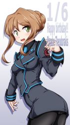 Rule 34 | 1girl, 547th sy, black pantyhose, blush, breasts, character name, from side, green eyes, grey jacket, grey skirt, hair bun, happy birthday, highres, jacket, leaning forward, looking back, medium breasts, military, military uniform, muv-luv, muv-luv alternative, muv-luv total eclipse, open mouth, pantyhose, phoebe theodorakis, single hair bun, skirt, smile, solo, twisted torso, uniform