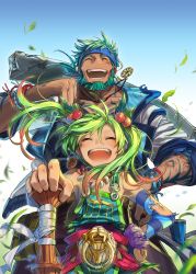 Rule 34 | 1boy, 1girl, absurdres, aqua hair, beard, blue sky, broken, broken weapon, closed eyes, collarbone, dark skin, day, detached sleeves, facial hair, falcom, from below, gradient background, green hair, hand on hilt, hand on own hip, highres, holding, holding weapon, jewelry, necklace, non-web source, official art, open mouth, overalls, ricotta (ys), sahad (ys), sky, smile, standing, striped, striped sleeves, tattoo, torn clothes, torn sleeves, twintails, weapon, ys, ys viii lacrimosa of dana