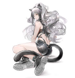 Rule 34 | 1girl, absurdres, animal ear fluff, animal ears, arknights, ass, bare legs, bare shoulders, black footwear, black scarf, black shorts, breasts, cat ears, cat tail, commentary, crop top, highres, large breasts, long hair, looking at viewer, midriff, parted lips, qiangjitong, scarf, schwarz (arknights), shoes, short shorts, shorts, silver hair, simple background, sleeveless, solo, tail, thighs, white background, yellow eyes