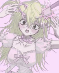 Rule 34 | 1girl, @ @, arms up, black eyes, blood, blood splatter, collar, collarbone, dot nose, dutch angle, eyelashes, fang, fingernails, frilled shirt, frilled sleeves, frills, hair between eyes, hair ribbon, injury, jkmtsekai, kitchen knife, knife, liquid, long hair, muted color, neck ribbon, nervous sweating, open mouth, original, pink background, pink blood, pink collar, pink nails, pink ribbon, pink shirt, pink theme, planted, planted knife, planted weapon, puffy short sleeves, puffy sleeves, raised eyebrows, ribbon, ribbon trim, shirt, short sleeves, simple background, smile, solo, stab, sweat, twintails, upper body, weapon, wide-eyed