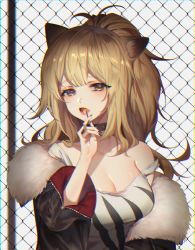 Rule 34 | 1girl, animal ears, arknights, bare shoulders, black coat, black nails, blush, breasts, brown eyes, brown hair, candy, chain-link fence, chromatic aberration, cleavage, coat, collarbone, eating, female focus, fence, food, fur-trimmed coat, fur trim, highres, holding, holding food, large breasts, lollipop, long hair, long sleeves, nail polish, off shoulder, open clothes, open coat, ponytail, rimsuk, siege (arknights), solo, strap slip, tank top, upper body