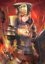 Rule 34 | 1girl, absurdres, armor, blonde hair, blood, blood on face, clenched teeth, fate/grand order, fate (series), fire, full armor, gareth (fate), green eyes, hakohako-does, helmet, highres, holding, holding shield, holding weapon, huge filesize, lance, one eye closed, polearm, shield, teeth, weapon