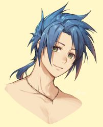Rule 34 | 1boy, blue-haired boy (how to draw manga), forehead, green eyes, hair intakes, hair tie, happy, highres, how to draw manga, how to draw manga redraw challenge (meme), jewelry, long hair, looking at viewer, male focus, meme, necklace, ponytail, simple background, smile, solo, spiked hair, topless male, velahka, yellow background