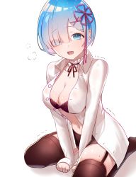 Rule 34 | 1girl, absurdres, arms between legs, black bra, black panties, black thighhighs, blouse, blue eyes, blue hair, blush, bra, breasts, choker, cleavage, collarbone, collared shirt, commentary, dress shirt, eyes visible through hair, frilled choker, frills, garter straps, hair ornament, hair over one eye, hair ribbon, highres, large breasts, long sleeves, looking at viewer, misyune, navel, open clothes, open mouth, open shirt, panties, re:zero kara hajimeru isekai seikatsu, rem (re:zero), ribbon, ribbon choker, shirt, short hair, simple background, sitting, smile, solo, thighhighs, thighs, trembling, underwear, wariza, white background, white shirt, x hair ornament