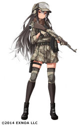 Rule 34 | 1girl, assault rifle, black hair, black thighhighs, blush, boots, full body, gloves, goggles, goggles on headwear, grin, gun, hat, headset, highres, holding, holding gun, holding weapon, knee pads, looking at viewer, military, military uniform, multicolored hair, official art, orange eyes, oshiro project:re, pleated skirt, rifle, scarf, simple background, skirt, smile, solo, takanashi kei (hitsujikan), thigh strap, thighhighs, two-tone hair, uniform, weapon, white background, white hair
