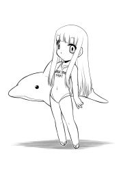 Rule 34 | 10s, 1girl, aoki hagane no arpeggio, covered navel, greyscale, inflatable dolphin, inflatable toy, iona (aoki hagane no arpeggio), jinraimu, long hair, monochrome, personification, sidelocks, simple background, solo, standing, swimsuit, very long hair, white background