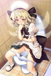 Rule 34 | 1girl, bathroom, black footwear, blonde hair, blush, bow, bow panties, brown eyes, censored, chima q, clothes lift, covering own mouth, dress, dress lift, grey dress, hat, highres, looking down, luna child, panties, panty pull, peeing, puffy sleeves, pussy, rug, sandals, short hair, short sleeves, sitting, socks, sweat, toilet, toilet use, touhou, underwear, wall, white headwear, white legwear, white panties, wings
