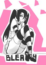 Rule 34 | 1girl, arrancar, artist request, ass, black hair, bleach, breasts, curvy, dress, female focus, highres, loly aivirrne, long hair, looking at viewer, looking back, monochrome, shoes, sitting, skirt, small breasts, solo, twintails