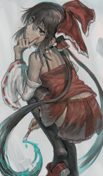 Rule 34 | 1girl, black bra, black hair, black thighhighs, blood, bloody tears, blue hair, bow, bra, brown eyes, closed mouth, commentary request, cookie (touhou), cowboy shot, detached sleeves, frilled bow, frills, hair between eyes, hair bow, hakonnbo, hakurei reimu, highres, leg up, long hair, looking at viewer, looking back, paint, paintbrush, pleated skirt, red bow, red footwear, red shirt, red skirt, ribbon-trimmed sleeves, ribbon trim, shirt, shoes, skirt, solo, strapless, strapless shirt, thighhighs, touhou, underwear, very long hair, white sleeves, yuyusu (cookie)