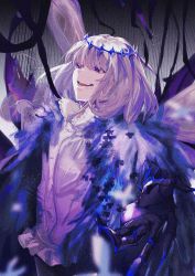 Rule 34 | 1boy, absurdres, blue eyes, crown, fate/grand order, fate (series), feather boa, fur trim, grey hair, highres, huge filesize, male focus, nhwe5525, oberon (fate), oberon (third ascension) (fate), spoilers, wings