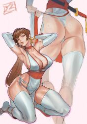 Rule 34 | 1girl, armpits, arms behind head, arms up, ass, ass focus, breasts, brown eyes, brown hair, cleavage, covered erect nipples, dead or alive, detached sleeves, female focus, highres, juaag acgy, kasumi (doa), kneeling, large breasts, long hair, matching hair/eyes, multiple views, open mouth, panties, pelvic curtain, ponytail, sheath, sheathed, side-tie panties, sideboob, solo, sword, thick thighs, thighhighs, thighs, thong, underwear, weapon, white panties, white thighhighs, wide hips