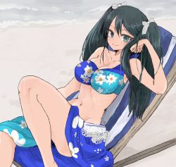 Rule 34 | 1girl, bad id, bad twitter id, beach, bikini, black hair, blue bikini, blue eyes, breasts, chair, collarbone, commentary request, feet out of frame, floral print, groin, highres, isuzu (kancolle), kantai collection, large breasts, long hair, looking at viewer, lounge chair, navel, sarong, single-shoulder bikini, sitting, smile, solo, swimsuit, tori knkr, twintails