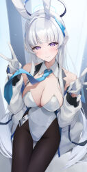 Rule 34 | 1girl, absurdres, adapted costume, black pantyhose, blue archive, blue necktie, blush, breasts, cleavage, closed mouth, detached collar, double v, gloves, grey hair, halo, highres, jacket, large breasts, leotard, long hair, long sleeves, looking at viewer, mechanical halo, necktie, noa (blue archive), pantyhose, purple eyes, smile, solo, strapless, strapless leotard, suna6080, v, white gloves, white jacket, white leotard