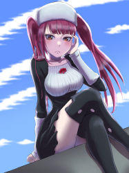 Rule 34 | 1girl, :&lt;, absurdres, artist request, bleach, blue sky, boots, breasts, brown eyes, crossed legs, curvy, dokugamine riruka, dress, hand on own face, highres, large breasts, light blush, long hair, looking at viewer, pink hair, simple background, sitting, sky, solo, thigh boots, tsundere, twintails, wide hips