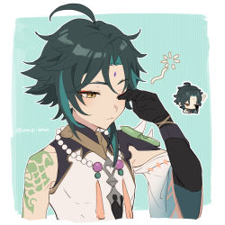 Rule 34 | 1boy, ahoge, arm tattoo, bead necklace, beads, black gloves, black hair, closed mouth, commentary, facial mark, forehead mark, genshin impact, genshin impact sticker redraw (meme), gloves, green hair, highres, jewelry, male focus, meme, miz (mi), multiple views, necklace, orange eyes, reference inset, rubbing eyes, simple background, sleepy, symbol-only commentary, tattoo, twitter username, upper body, xiao (genshin impact)
