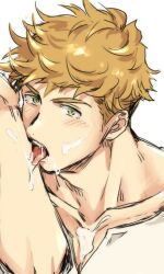 Rule 34 | 1boy, bara, blonde hair, blush, food, food on body, food on face, food on pectorals, granblue fantasy, green eyes, hazama (hazamazama), highres, looking at viewer, male focus, muscular, muscular male, short hair, simple background, solo, tongue, tongue out, vane (granblue fantasy), white background