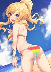 Rule 34 | 1girl, :d, absurdres, ass, bare shoulders, beach, bead bracelet, beads, bikini, blonde hair, blue eyes, blush, bracelet, breasts, butt crack, commentary request, cowboy shot, from behind, hair ornament, highres, idolmaster, idolmaster cinderella girls, jewelry, large breasts, long hair, looking back, ocean, ohtsuki yui, oops, open mouth, outdoors, ponytail, side-tie bikini bottom, smile, solo, standing, striped bikini, striped clothes, swimsuit, teeth, upper teeth only, w