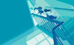 Rule 34 | 2girls, absurdres, animal charm, aqua theme, bear, flat color, floating hair, highres, indoors, charm (object), limited palette, long hair, looking at another, looking up, multiple girls, no lineart, on stairs, original, pleated skirt, ponsuke kaikai, ponytail, school uniform, skirt, stairs, stairwell, standing, window