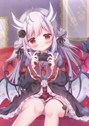 Rule 34 | 1girl, :3, ahoge, animal ears, blush, commentary request, couch, dragon, dragon tail, dragon wings, grey hair, hair ornament, hanasakichu, handheld game console, highres, horns, indie virtual youtuber, kamuri amuru, long hair, looking at viewer, playing games, pointy ears, red eyes, sitting, solo, tail, thighs, virtual youtuber, wings