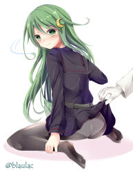 Rule 34 | 10s, 1boy, 1girl, admiral (kancolle), ankle grab, ass, assisted exposure, bad id, bad nicoseiga id, belt, black serafuku, brown pantyhose, clothes lift, colored eyelashes, crescent, crescent hair ornament, from behind, frown, gloves, green eyes, green hair, hair between eyes, hair ornament, kantai collection, long hair, long sleeves, looking at viewer, looking back, masayo (gin no ame), motion lines, nagatsuki (kancolle), panties, panties under pantyhose, pantyhose, pleated skirt, sailor collar, school uniform, serafuku, simple background, sitting, skirt, skirt lift, soles, solo focus, sweatdrop, tareme, toes, turning head, twitter username, underwear, very long hair, wariza, wavy mouth, white background, white gloves, white panties