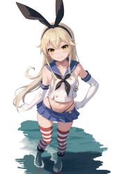 Rule 34 | 1girl, absurdres, anchor hair ornament, black hairband, black neckerchief, black panties, blonde hair, blue sailor collar, buttons, crop top, double-breasted, elbow gloves, gloves, grey eyes, hair ornament, hairband, highleg, highleg panties, highres, kantai collection, long hair, looking at viewer, microskirt, minijaham, miniskirt, neckerchief, panties, sailor collar, shimakaze (kancolle), shirt, skirt, sleeveless, sleeveless shirt, smile, solo, standing, striped clothes, striped thighhighs, thighhighs, transparent background, underwear, white gloves