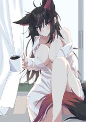 1girl absurdres ahoge airu_22 animal_ear_fluff animal_ears black_hair borrowed_clothes braid breasts coffee coffee_mug collarbone commentary_request cup curtains extra_ears fox_ears fox_girl fox_tail hair_between_eyes highres holding holding_cup hololive knee_up kurokami_fubuki large_breasts long_hair looking_at_viewer mug multicolored_hair no_bra red_eyes red_hair shirt sidelocks single_braid sitting solo streaked_hair tail virtual_youtuber white_shirt window