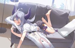 Rule 34 | 1girl, ahoge, barefoot, black horns, black shorts, braid, couch, curtains, dakimakura (object), closed eyes, hana mori, hololive, horns, indoors, la+ darknesss, long hair, lying, multicolored hair, on couch, on stomach, pillow, purple eyes, shirt, shorts, soles, solo, streaked hair, striped horns, t-shirt, tokoyami towa, virtual youtuber, white shirt, window