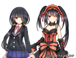 Rule 34 | 1girl, bare shoulders, black hair, black jacket, blazer, blue skirt, breasts, cleavage, clock eyes, date a live, dress, edamame senpai, frilled dress, frilled hairband, frills, hair over one eye, hairband, heterochromia, jacket, lolita fashion, lolita hairband, long hair, long sleeves, looking at viewer, low twintails, medium breasts, official art, pleated skirt, raizen high school uniform, red dress, red eyes, ribbon, school uniform, skirt, smile, symbol-shaped pupils, tokisaki kurumi, twintails, two-tone dress, uneven twintails, upper body, vivid army, white background, yellow eyes