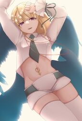 Rule 34 | 1boy, arms up, backlighting, bead necklace, beads, beatmania, beatmania iidx, black necktie, black wings, blonde hair, blunt bangs, commentary request, cowboy shot, crop top, frilled sleeves, frills, groin, hair ornament, jewelry, long sleeves, looking at viewer, low wings, male focus, mars symbol, medium bangs, medium hair, midriff, multiple wings, naohisa (ari1059), navel, necklace, necktie, open mouth, purple eyes, rche (beatmania), shirt, shorts, simple background, smile, solo, star (symbol), star hair ornament, thighhighs, trap, white background, white shirt, white shorts, white thighhighs, wings