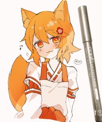 Rule 34 | 1girl, :3, animal ear fluff, animal ears, apron, art tools in frame, blush, brown hair, closed mouth, commentary, cropped torso, eighth note, flower, fox ears, fox girl, fox tail, grey apron, hair between eyes, hair flower, hair ornament, hakama, hakama skirt, highres, japanese clothes, kimono, long sleeves, looking at viewer, musical note, photo (medium), red eyes, red flower, red hakama, ribbon trim, senko (sewayaki kitsune no senko-san), sewayaki kitsune no senko-san, signature, skirt, sofra, solo, symbol-only commentary, tail, tail raised, traditional media, upper body, white kimono