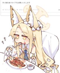 Rule 34 | 1girl, animal ear fluff, animal ears, ascot, bare shoulders, blonde hair, blue archive, blue ascot, detached sleeves, dress, eating, extra ears, food, food on face, fork, fox ears, fox girl, holding, holding fork, long hair, long sleeves, n4gare b0shi, orange eyes, pasta, request inset, seia (blue archive), sleeves past fingers, sleeves past wrists, solo, spaghetti, stained clothes, translation request, white dress