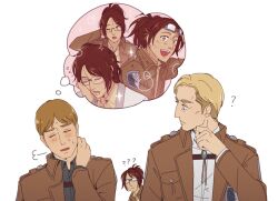 Rule 34 | 1other, 2boys, ?, ??, arm behind head, blonde hair, brown eyes, brown hair, brown jacket, closed eyes, commentary, drooling, erwin smith, glasses, goggles, goggles on head, hange zoe, hanpetos, jacket, moblit berner, multiple boys, one eye closed, ponytail, shingeki no kyojin, sparkle, sweat, sweatdrop, thought bubble, zzz