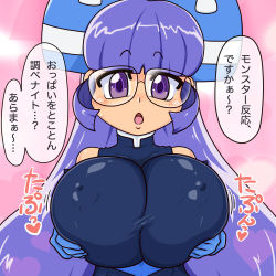 Rule 34 | 1girl, arihachi52, breasts, covered erect nipples, gluko, grabbing own breast, huge breasts, japanese text, mon colle knights, purple hair, solo, tagme, translation request, upper body