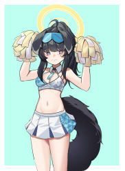 Rule 34 | 1girl, animal ears, bare shoulders, black hair, blue archive, blue background, blue eyes, breasts, cheerleader, cleavage, cowboy shot, crop top, dog ears, dog girl, dog tail, eyewear on head, goggles, goggles on head, halo, hibiki (blue archive), hibiki (cheer squad) (blue archive), highres, holding, holding pom poms, medium breasts, midriff, millennium cheerleader outfit (blue archive), pom pom (cheerleading), pom poms, ponytail, sidelocks, simple background, sticker on face, tail, twintails, zuomunan