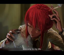 Rule 34 | 1girl, absurdres, chainsaw man, cigarette, collared shirt, commentary, constantine, cup, drinking glass, english text, formal, higemu, highres, holding, holding cigarette, letterboxed, long hair, long sleeves, makima (chainsaw man), office lady, parody, red hair, shirt, sidelocks, smoke, smoking, solo, subtitled, upper body, white shirt, yellow eyes
