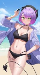 Rule 34 | 1girl, absurdres, blush, breasts, demon tail, green eyes, hair ornament, hairclip, highres, hololive, jmao, looking at viewer, multicolored hair, navel, piercing, purple hair, solo, swimsuit, tail, tokoyami towa, virtual youtuber, wet