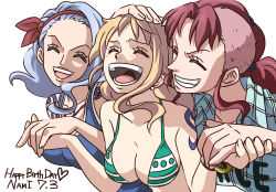 Rule 34 | 3girls, ^ ^, bangle, bellemere, bikini, bikini top only, blue hair, bracelet, breasts, character name, cleavage, closed eyes, conomi islands, earrings, family, grin, hairband, happy, happy birthday, heart, holding hands, jewelry, kyakya, long hair, mohawk, mother and daughter, multiple girls, nami (one piece), nojiko, one piece, orange hair, plaid, plaid shirt, ponytail, red hair, shirt, siblings, sisters, smile, swimsuit, tank top, tattoo, time paradox