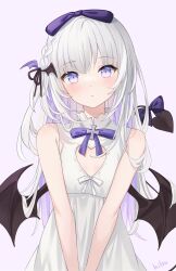 Rule 34 | 1girl, bare arms, bare shoulders, black ribbon, black wings, blush, bow, braid, cleavage cutout, closed mouth, clothing cutout, commentary, demon girl, demon tail, demon wings, dress, flat chest, grey hair, hair between eyes, hair bow, hair ribbon, head tilt, heart cutout, highres, hitsukuya, long hair, low wings, multicolored hair, original, pink background, pink eyes, purple bow, purple hair, ribbon, signature, simple background, sleeveless, sleeveless dress, solo, symbol-only commentary, tail, tail bow, tail ornament, two-tone hair, v arms, very long hair, white dress, wing hair ornament, wings