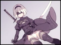 Rule 34 | 1girl, black dress, black footwear, black thighhighs, blindfold, boots, breasts, cleavage, cleavage cutout, clothing cutout, dress, grey background, hairband, highleg, highleg leotard, highres, juliet, leotard, medium breasts, nier (series), nier:automata, qiongsheng, short hair, silver hair, simple background, solo, sword, thigh boots, thighhighs, weapon, weapon on back, white leotard, 2b (nier:automata)