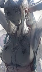 Rule 34 | 1girl, absurdres, armpits, breasts, cleavage, earrings, greyscale, hands up, hews, highres, horns, jewelry, large breasts, looking at viewer, monochrome, one piece, open mouth, ponytail, sideboob, solo, sweat, yamato (one piece)