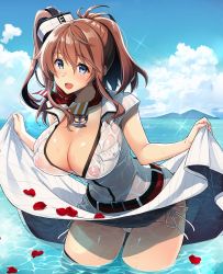 Rule 34 | 10s, 1girl, :d, anchor, black thighhighs, blouse, blue eyes, blue sky, breast pocket, breasts, brown hair, cleavage, clothes lift, cloud, cloudy sky, content rating, copyright name, covered erect nipples, cowboy shot, day, dress, dress lift, hair between eyes, hat, highres, horizon, kantai collection, kekocha, large breasts, lifted by self, nipples, no bra, one side up, open clothes, open mouth, open shirt, outdoors, panties, petals, pocket, ponytail, saratoga (kancolle), see-through, shirt, side-tie panties, side-tie peek, sidelocks, sky, smile, solo, sparkle, thighhighs, thighs, underwear, wading, wet, wet clothes, wet shirt, white dress, white hat, white shirt