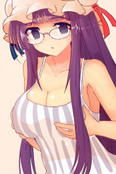 Rule 34 | 1girl, bad id, bad pixiv id, bespectacled, grabbing another&#039;s breast, breast hold, breasts, camisole, female focus, glasses, grabbing, grabbing own breast, hat, large breasts, long hair, open mouth, patchouli knowledge, purple eyes, purple hair, solo, touhou, yodori