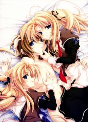 Rule 34 | 1boy, 2girls, absurdres, antenna hair, bed, blonde hair, blue eyes, blush, brown hair, clothed female nude male, grabbing another&#039;s chin, group sex, hair ribbon, holding hands, hand on another&#039;s chin, hand on head, highres, hug, kanojo tachi no ryuugi, long hair, looking back, lying, miyama-zero, multiple girls, navel, necktie, nude, on back, on side, quad tails, ribbon, school uniform, shirogane akane, shirogane tobari, short hair, siblings, sisters, smile, togetsu kotarou, twins, twintails