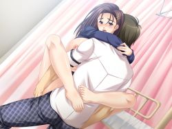 Rule 34 | 1girl, bed, blue eyes, blush, breasts, brown hair, carrying, clothed sex, feet, game cg, held up, hug, large breasts, leg lock, long hair, nipples, open mouth, sex, short hair, toes