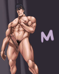 Rule 34 | 1boy, abs, bara, erection, male focus, muscular, pectorals, penis, rabbit (pixiv744412), solo, tagme, testicles