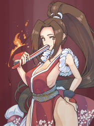 Rule 34 | 1boy, breasts, brown eyes, brown hair, fan, fatal fury, fire, fire, hand on own hip, highres, japanese clothes, kimono, ponytail, shiranui mai, snk, the king of fighters, thick thighs, thighs